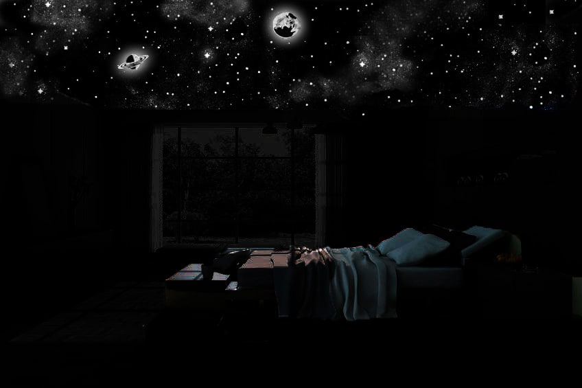 ciel étoilé au plafond de la chambre à coucher dans la nuit